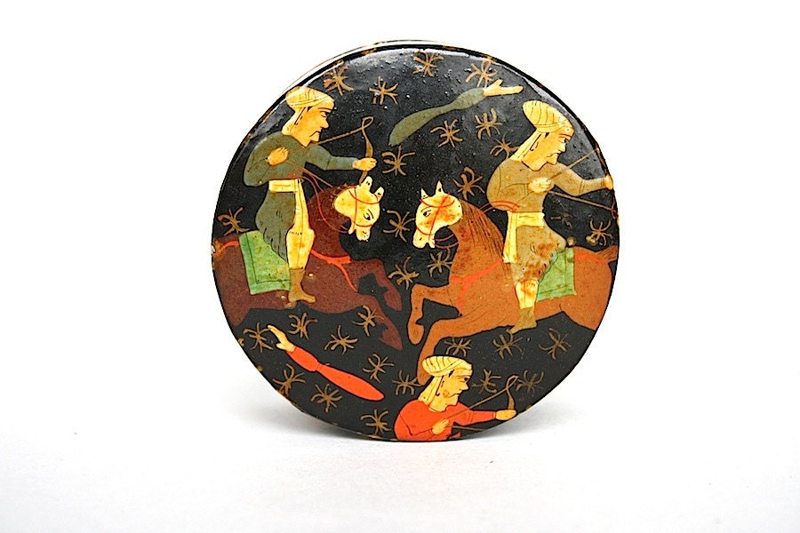 Lacquer Box, Vintage India Kashmir Papier Mache Trinket Stash Box Made in Warrior Horsemen Archers