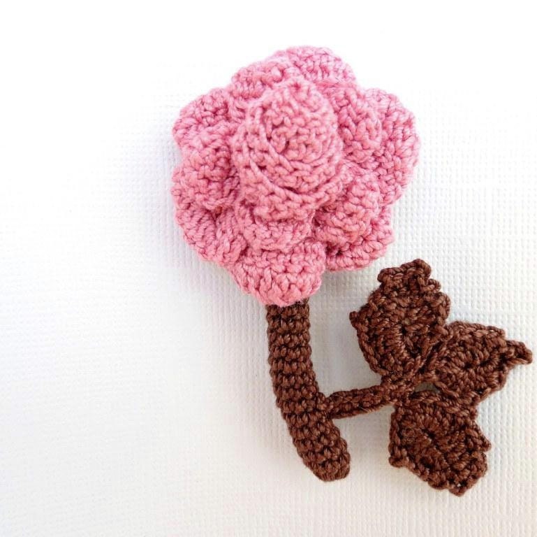 Crochet Brooch Rose, Pink Flower, Pink  / Brown Cotton Yarn, Handmade Jewelry, Hand Crochet