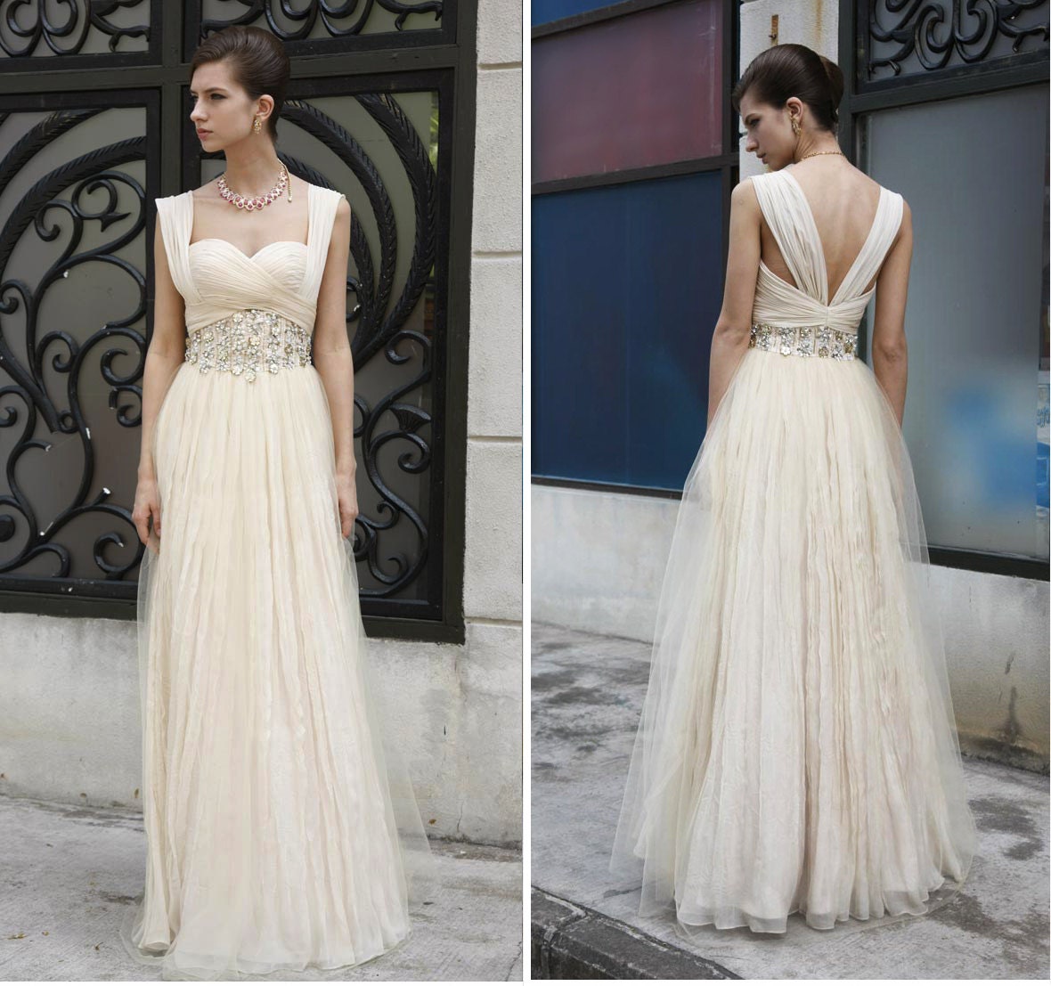 SALE Silk Cream Champagne Rhinestone Beaded Tulle Gown , Wedding Reception Evening Prom Formal Maxi Dress