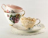 Lace Teacup - Doily and Vintage Atlas Paper Vanilla Cream Teacup - Holds jewelry, keepsakes and trinkets
