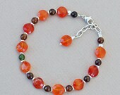 Orange Carnelian, Brown Tourmaline and Green Canadian Jade .925 Sterling Silver Bracelet