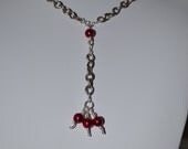 Y necklace with Red Glass Pearls, Wire wrapped Pearl Beads