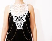 Tiaocia // Handmade White Crochet Cotton Lace Collar Applique Golden Chain Harness Blouse Accessories Bib Necklace