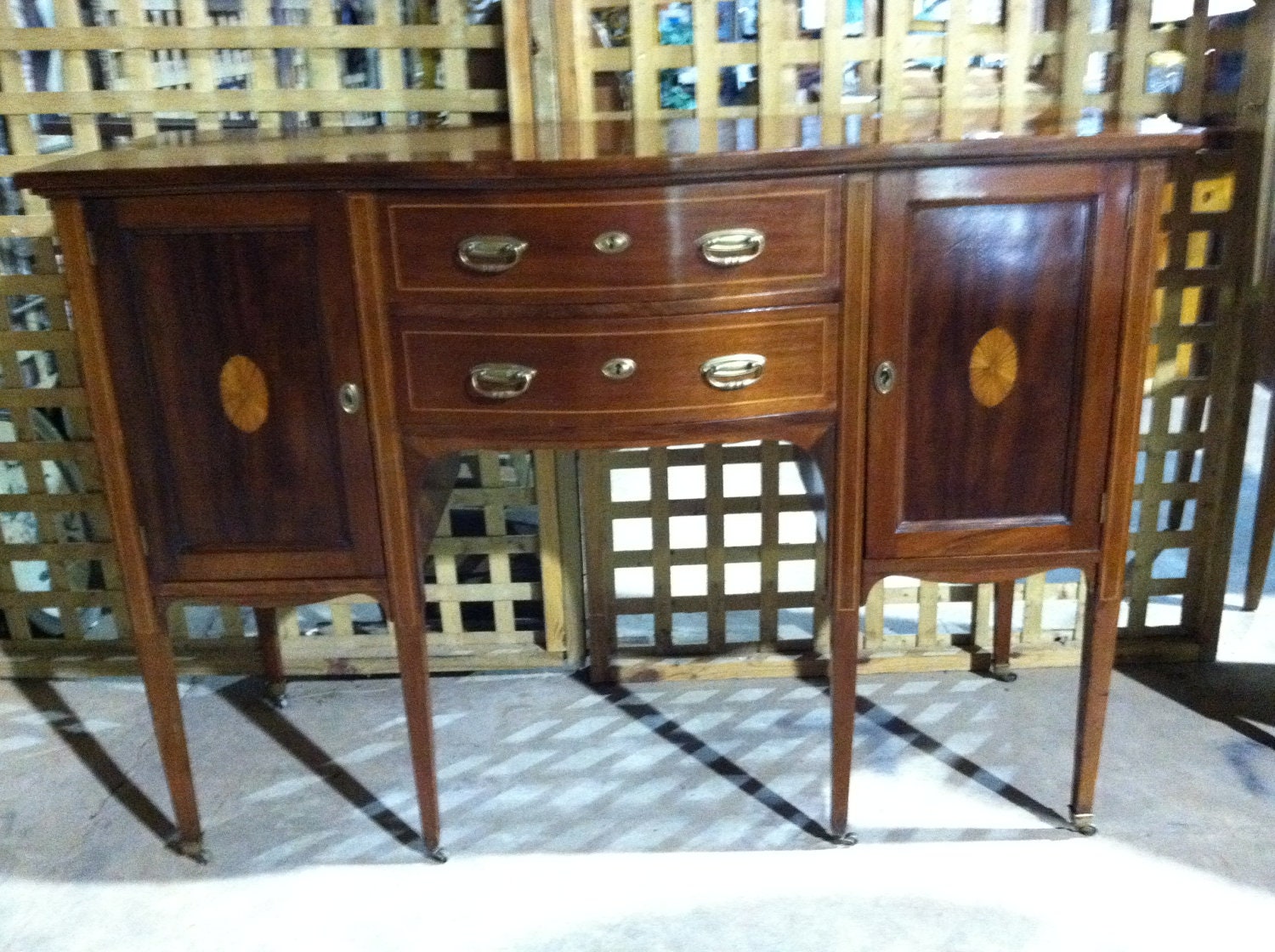 Gorgeous Antique English Edwardian Mahogany  Bow Front Inlaid Sideboard circa 1890