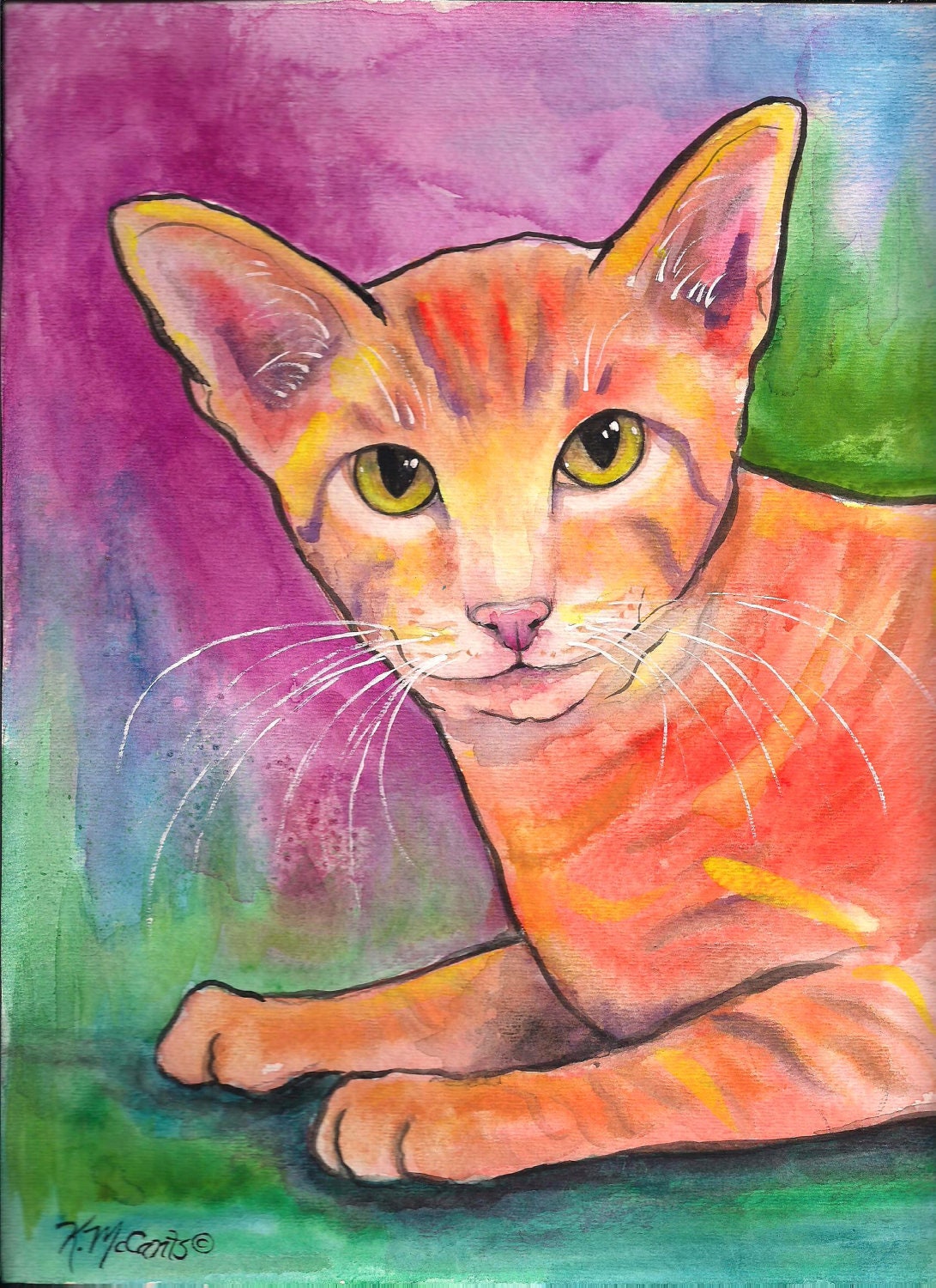 Original Watercolor Darling Orange Tabby Cat 12"x9"