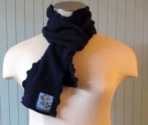 UPCYCLED WOOL  SCARF - Navy Blue with ruffle edges