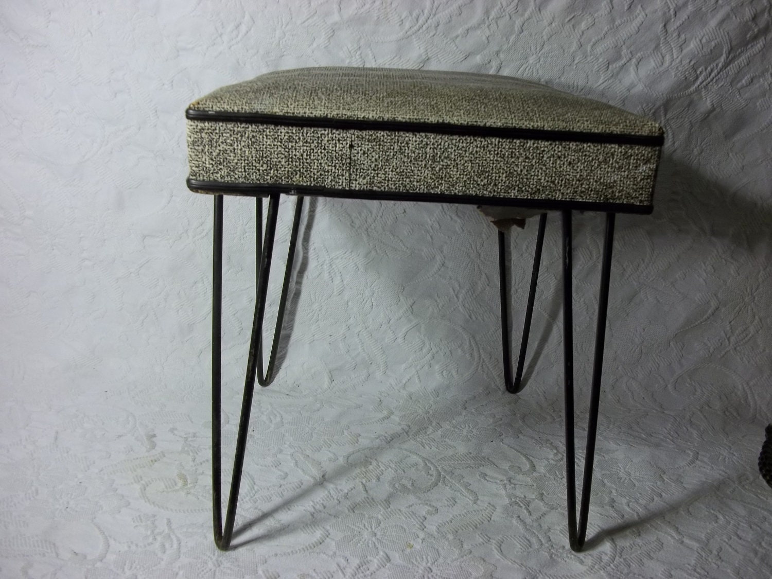 Vintage Mid Century Atomic Black and White Ottoman, Foot Stool, End Table
