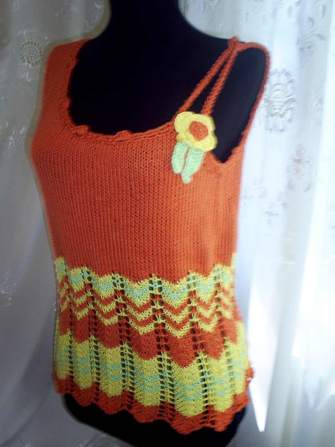 hand-knitted top, orange, blouse sleeveless, knit top, strapless top, womenswear, knitwear