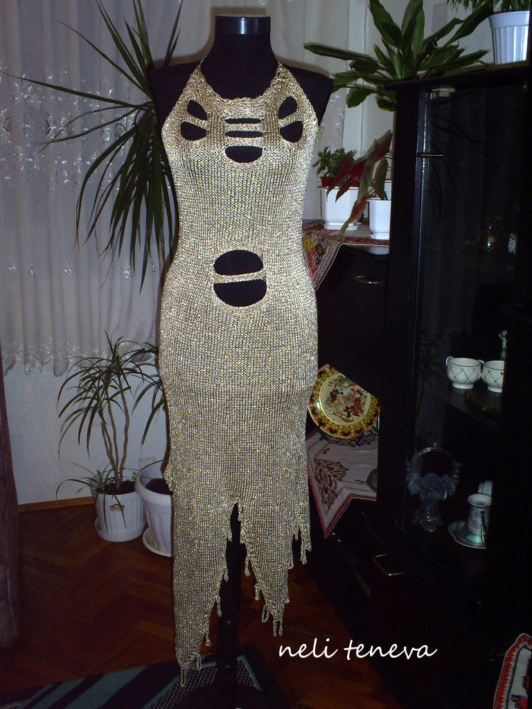 Elegant dress,  hand knitting    dress  , silk   lame, knitted dress