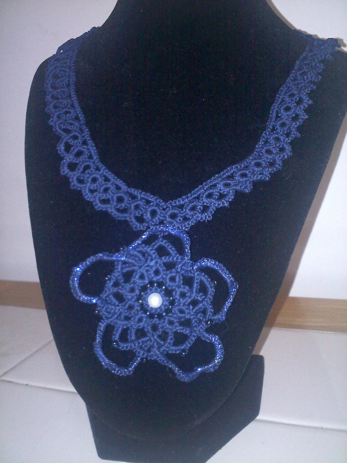 Tatted Navy Blue Celtic  Flower Necklace