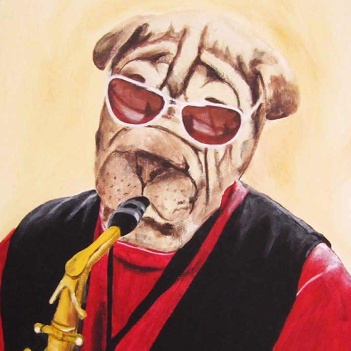 Print Illustration Art Poster Acrylic Painting Kids Decor Drawing Gift : Saxophonist Shar Pei