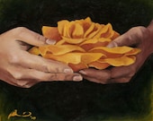 Original Oil Painting Fine Art Hand Portrait Yellow Rose High Quality Print 8x10