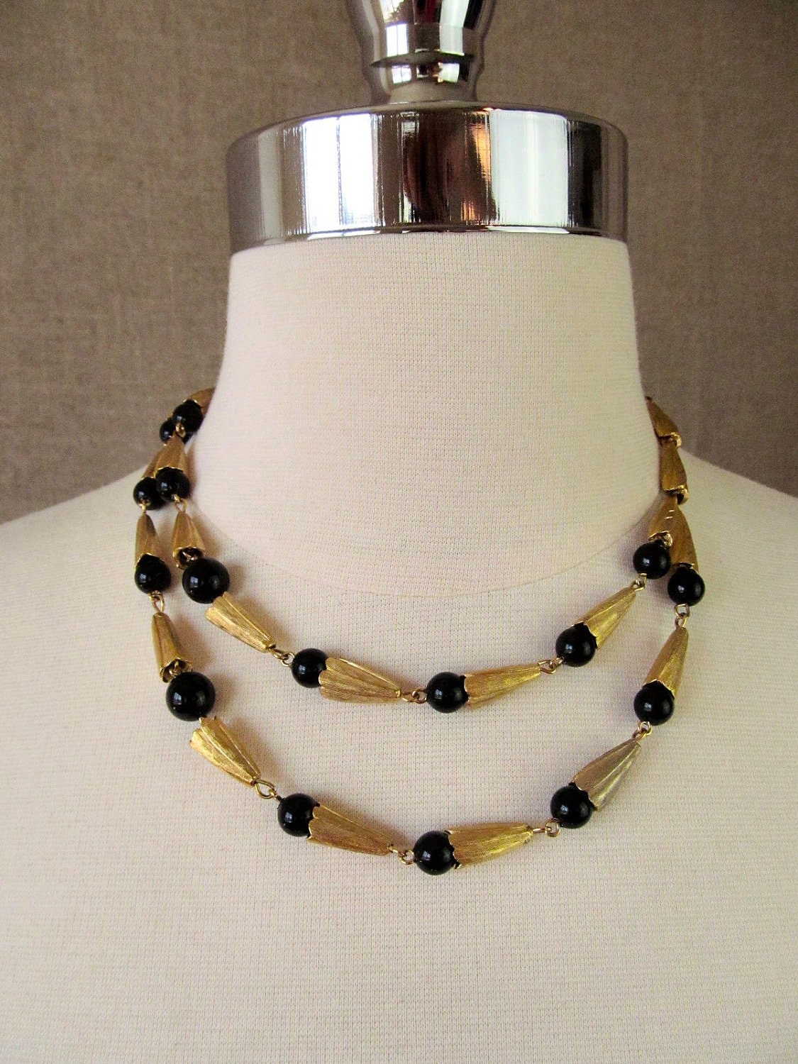 Vintage Necklace / Gold Choker  Double Strand with Black Beads