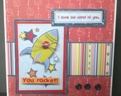 romantic greetings card, handmade, blank, red, blue, stars, rocket, just to say, contemporary