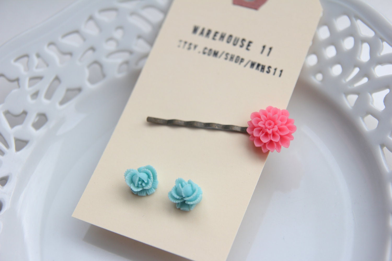 Lovely Vintage Style Earring & Hair Pin Set, Pink and Blue, Gift Set For Her, Rose Bobby Pin, Flower Stud Earrings, Hair Accessories (GT045)