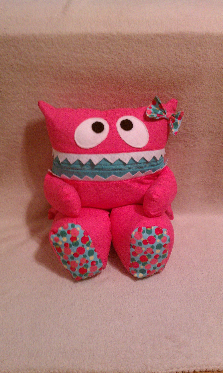 Hot Pink Pajama Eater Pillow Pal Monster with Teal Polka Dot Feet and Bow
