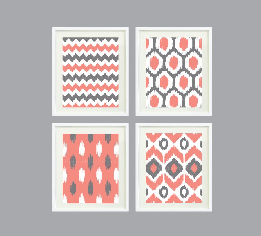 Ikat Pattern Wall Art Print - Set of 4 - 8"x10" - Coral, White and Grey OR Choose your own colors - Home Decor