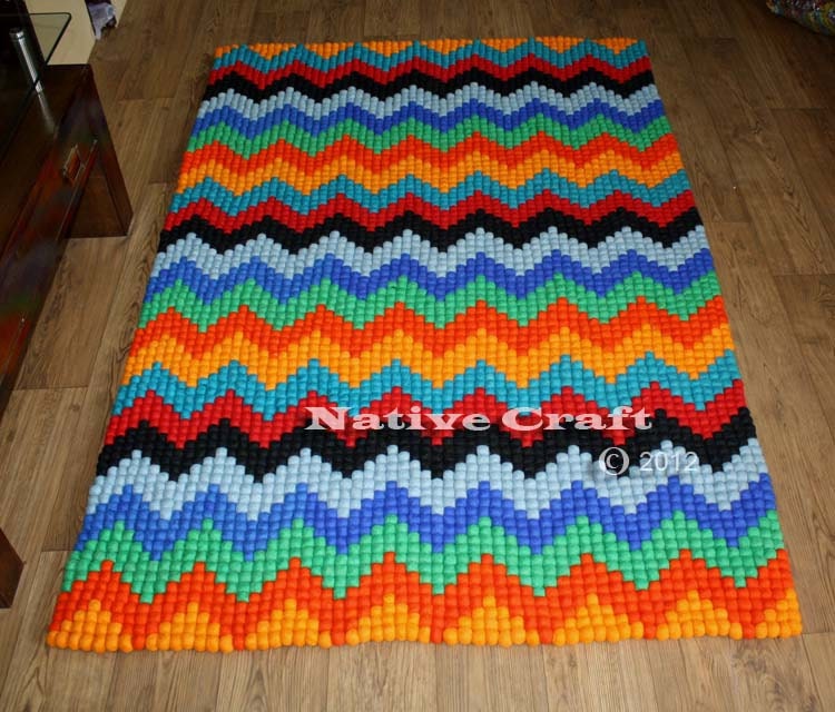 Zig Zag  Pattern Handmade Felt Ball Rug 110 cm x 165 cm