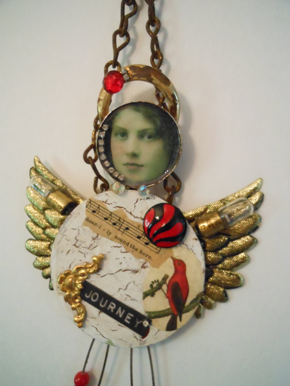 artdoll, mixed media assemblage, mixed media original, angel gift, red cardinal, cardinal picture, cardinal art, painting