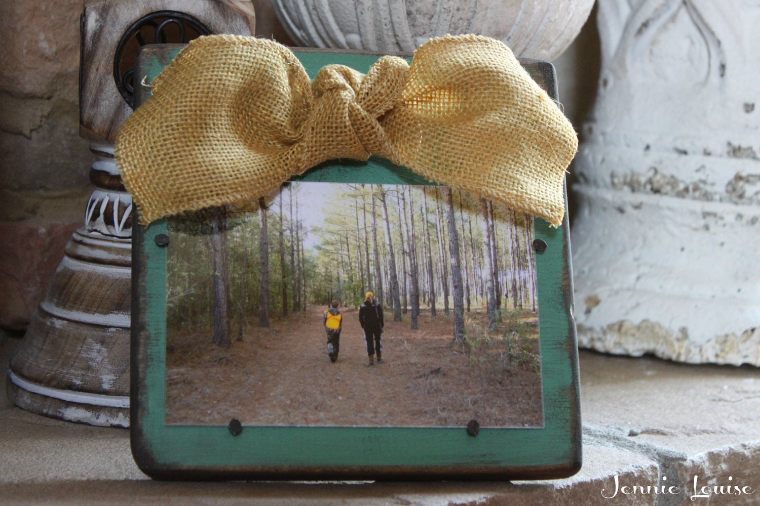 Teal Distressed Wooden Frame with a Yellow Burlap Bow