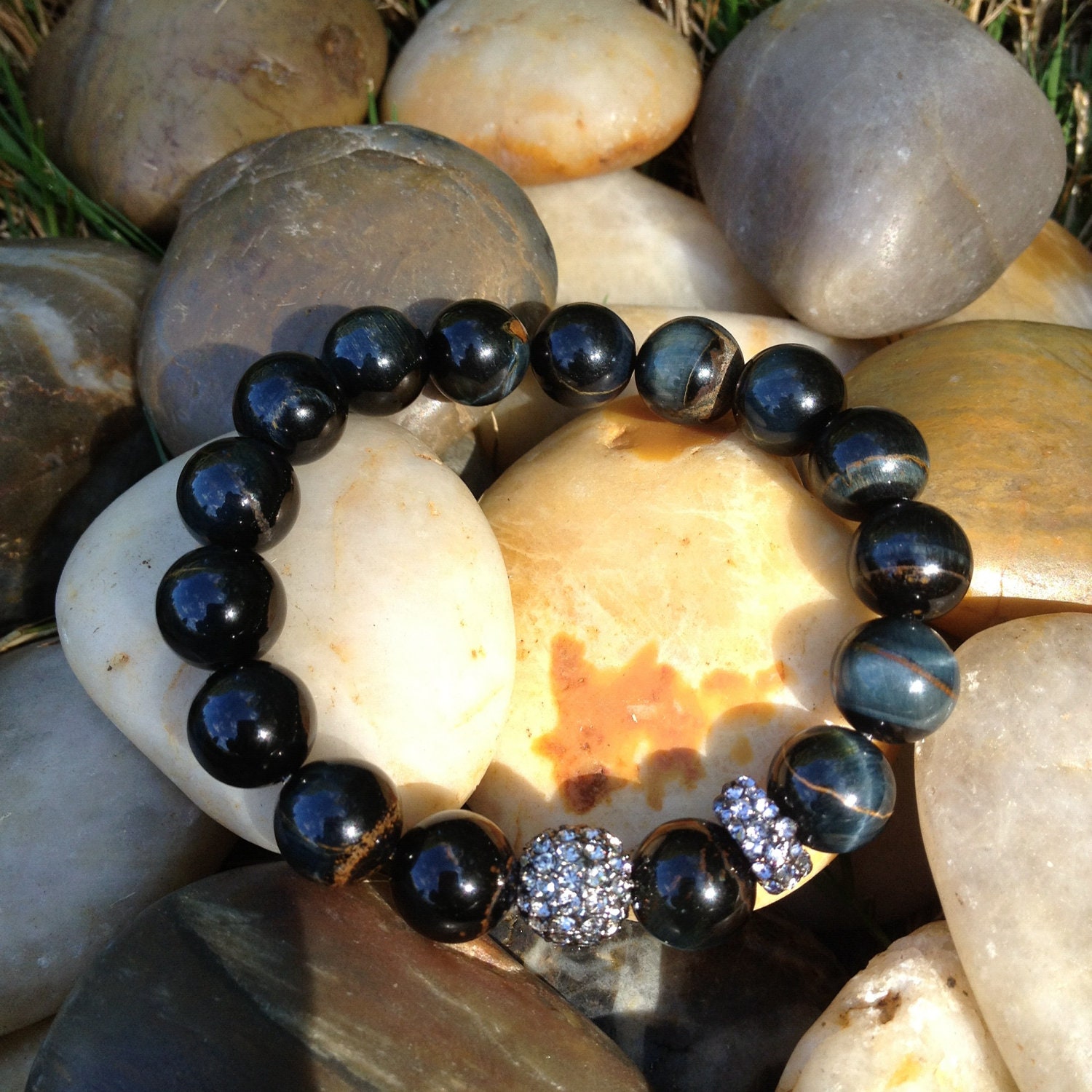 Unique Dark Blue Tiger Eye, (with Hints of copper & light blue with crystal pave Stone accents) stretch bracelet