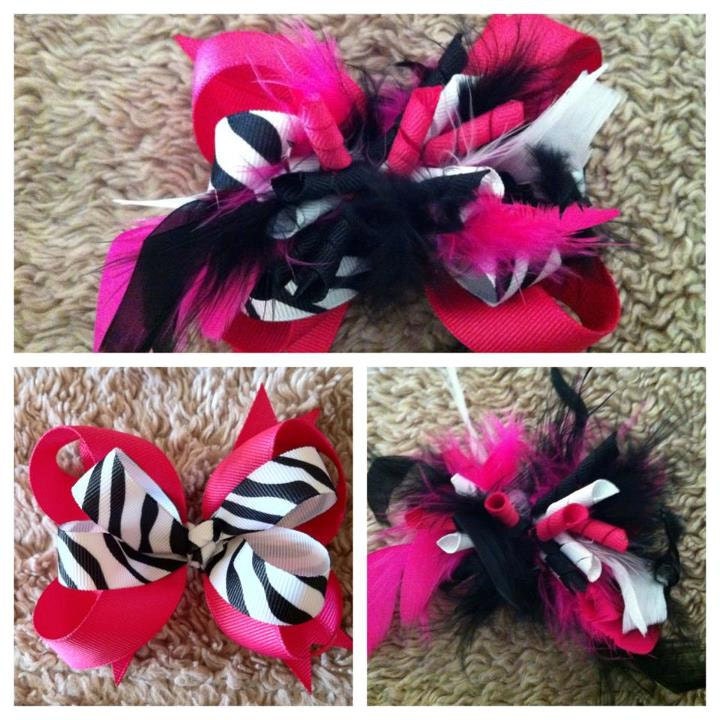 Medium size 4" hair bow - The Rae baby - Hot Pink Zebra Black White Boa Feather Korker toddler infant - The perfect gift
