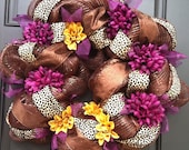 purple, bronze, and leopard deco mesh wreath