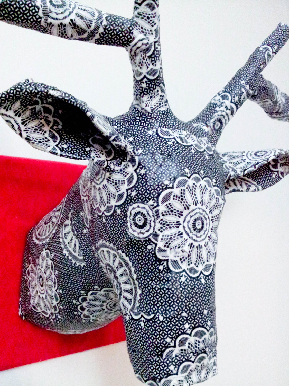 Paper Mache Reindeer Head - Covered in Black and White Decoupage Paper