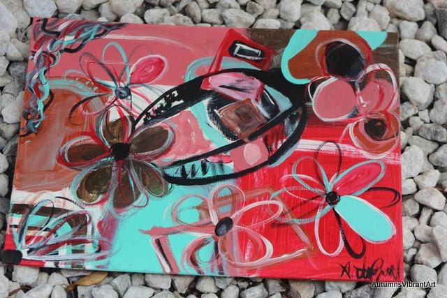 Flower Art-Modern Art-Original Painting-Abstract Shapes-Retro Art-Turqousie Red-Mettalic Bronze "Flower Bomb" 11x14-Canvas Panel-Framed