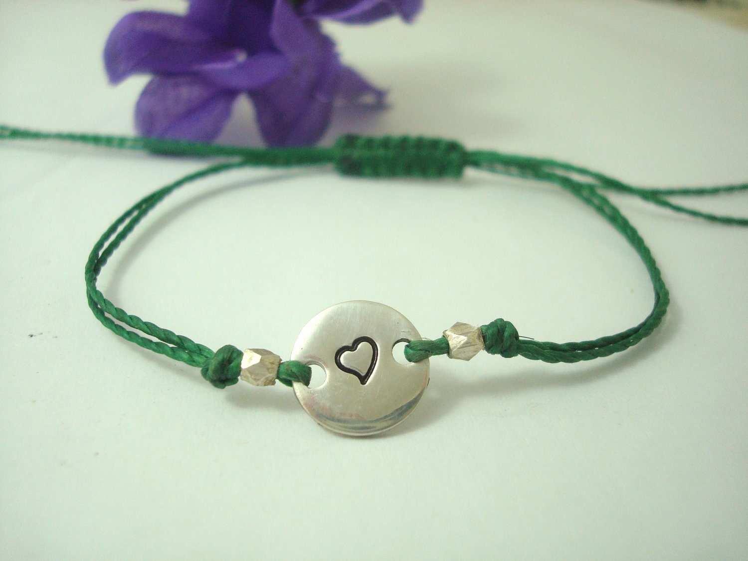 handstamped heart bracelet. friendship bracelet. love bracelet. green wax thread bracelet