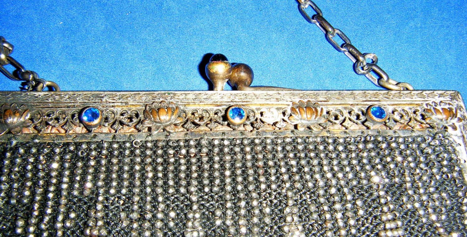 Vintage Art Deco Flapper handbag.1920s black & silver beaded purse silver metal frame w/ sapphire blue stones, gold water lilies.vintage
