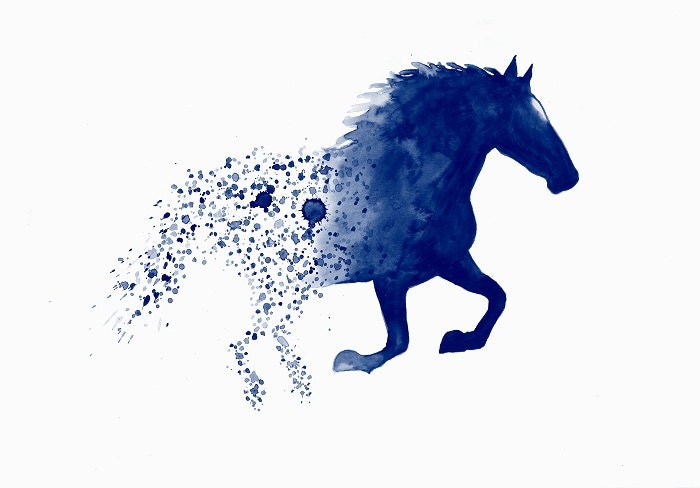 Horse In Denim Art Print A3, Black and White Art, Wall Art Home Decor  Large Minimal Watercolor Blue Print