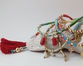 The 3 dancing Cabochons .Red Charms Bracelet ,Stackable, Unique Gold filled Bracelet, Simple Modern Jewelry with a twist.