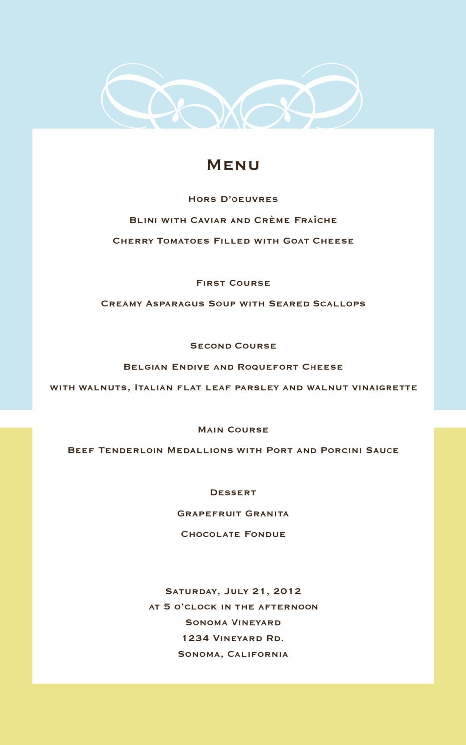 Wedding Invitation, Program, or Menu- Blue and Yellow or CUSTOM MADE