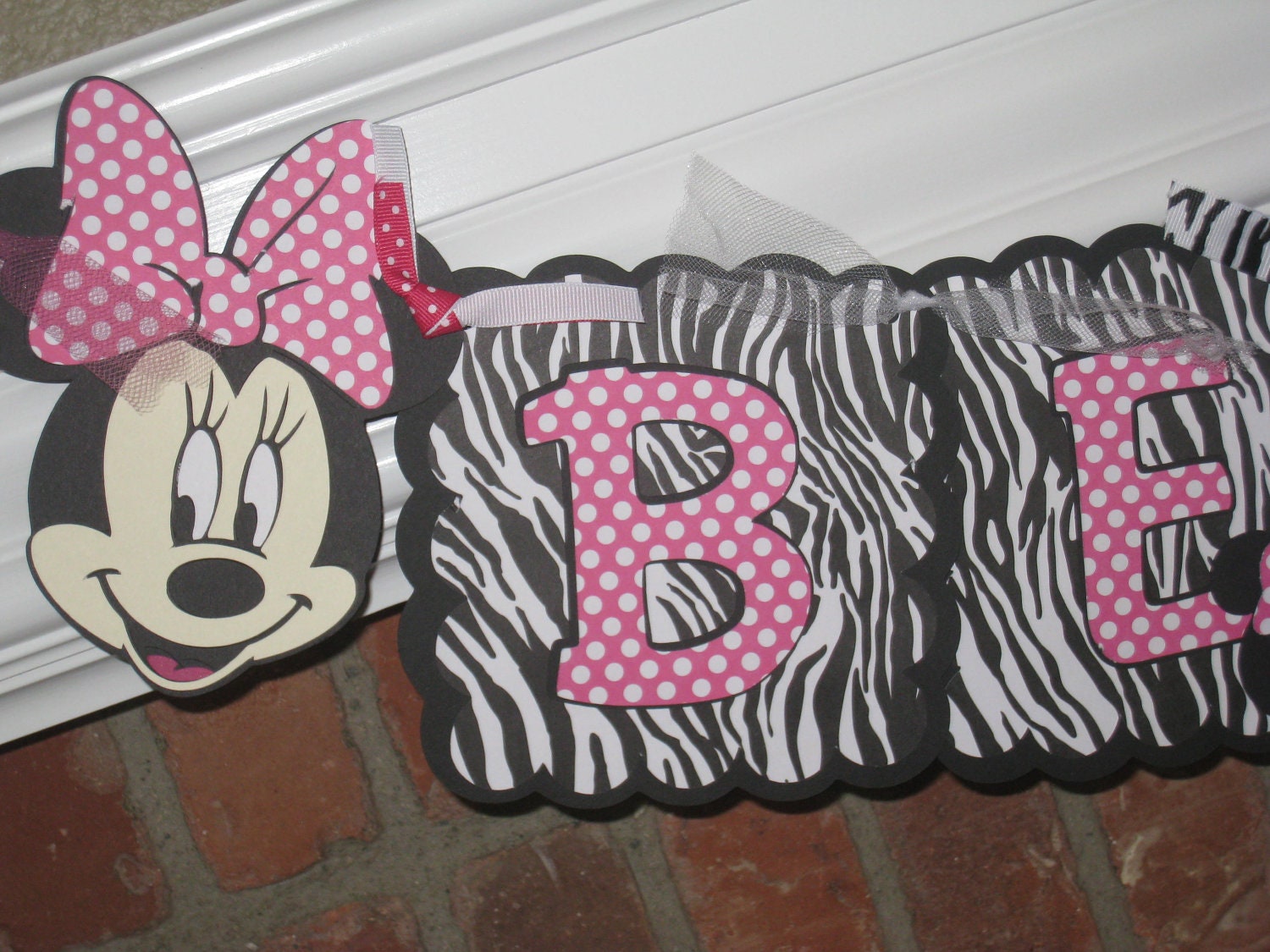 Minnie Mouse Birthday NAME Banner in Zebra Hot Pink & White Polka Dot