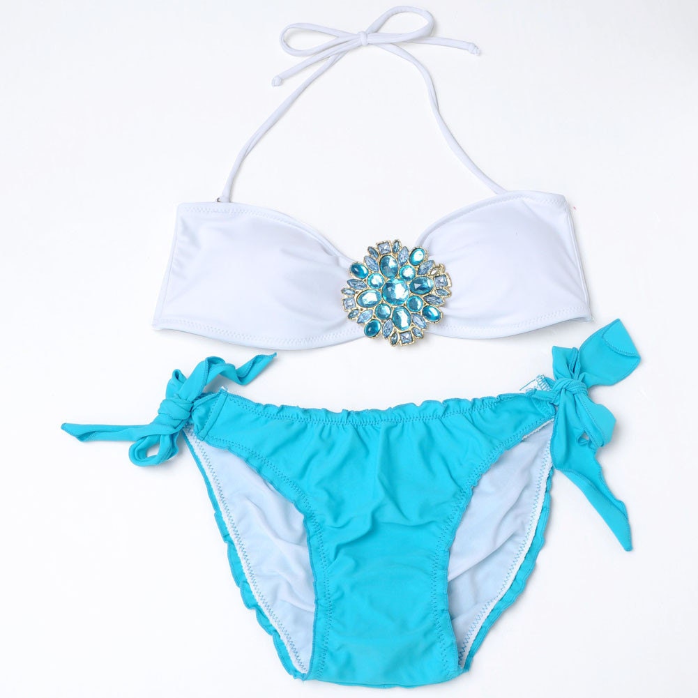 Hot 2pcs Sexy Swimsuit Swimwear Crystal Flowers Padded Removeble Strip Strapless Bikini