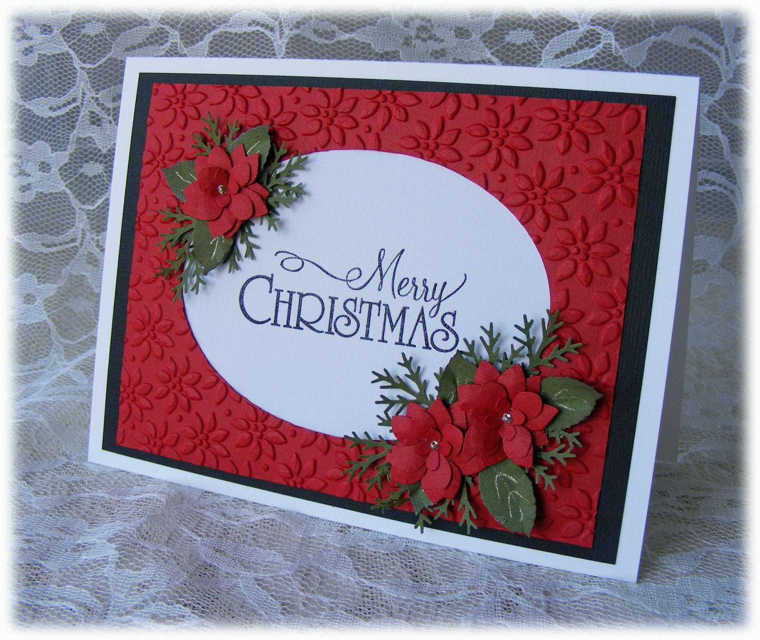 Handmade MERRY CHRISTMAS Card with stunning red 3D poinsettias
