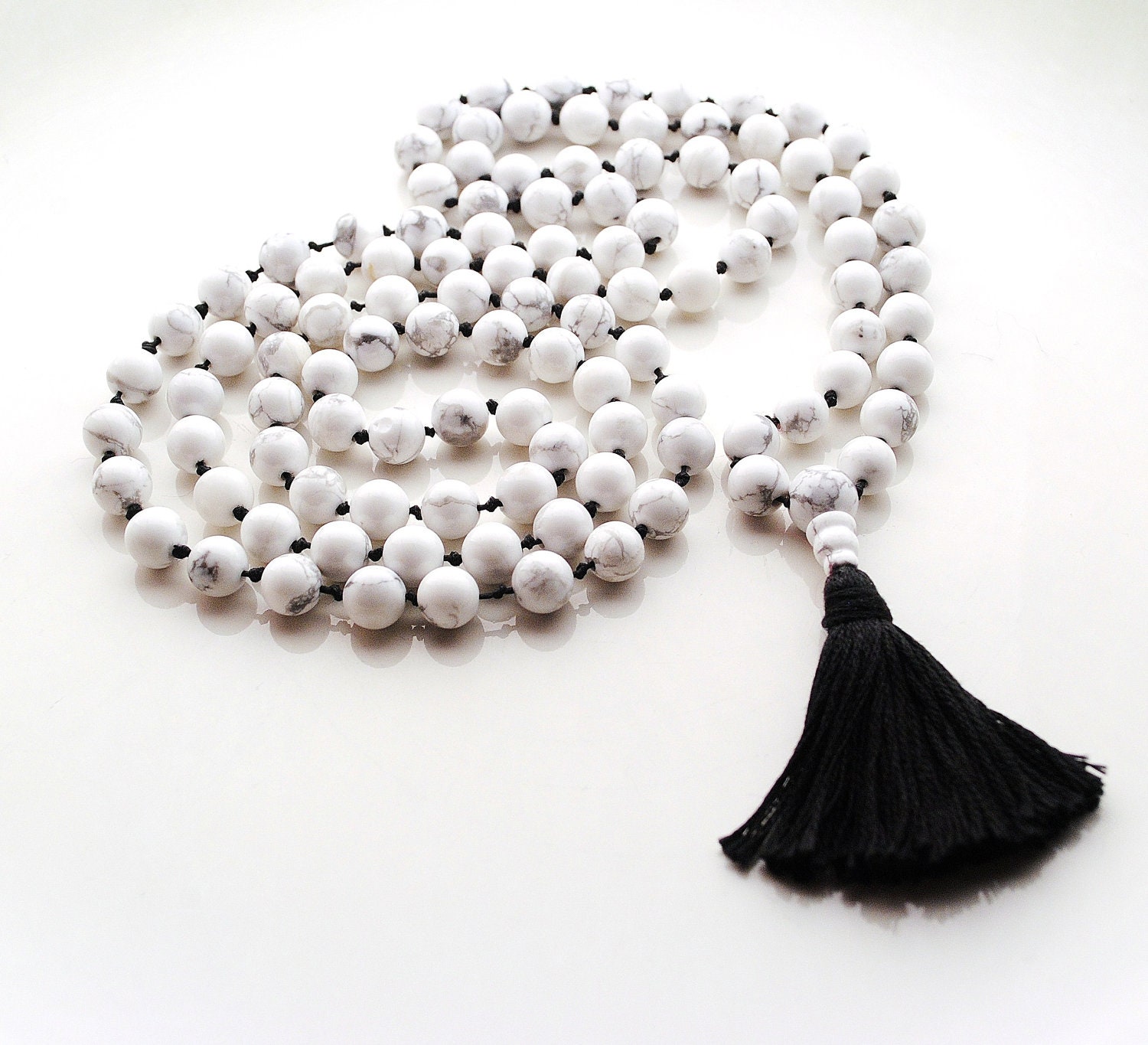 Black and White Knotted Mala Beads, White Howlite Mala with Black Tassel