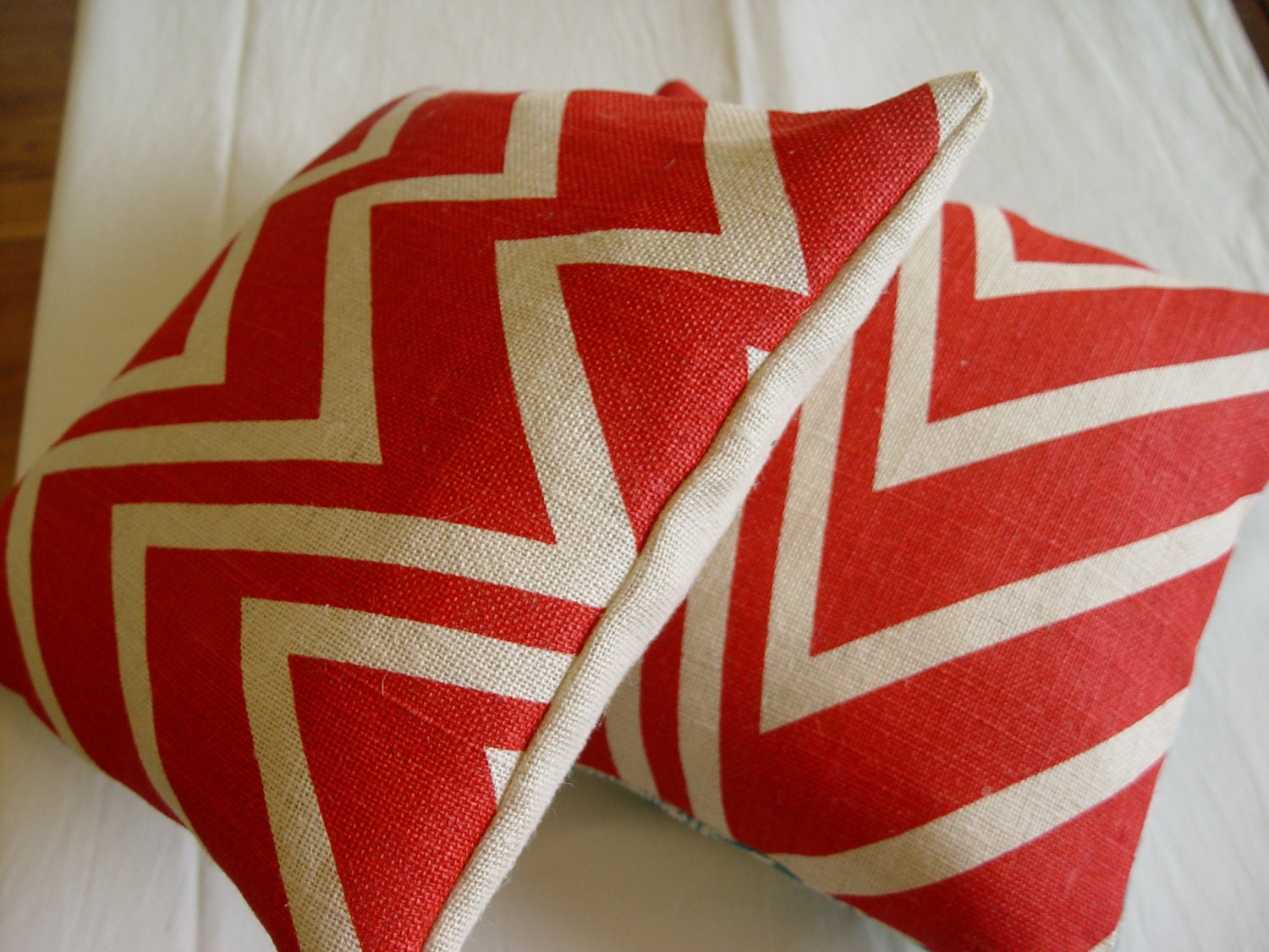 CUSHION COVERS - Set of TWO handmade hessian or red chevron throw pillows. Decorative, stylish and cheerful indoor / outdoor cushions.