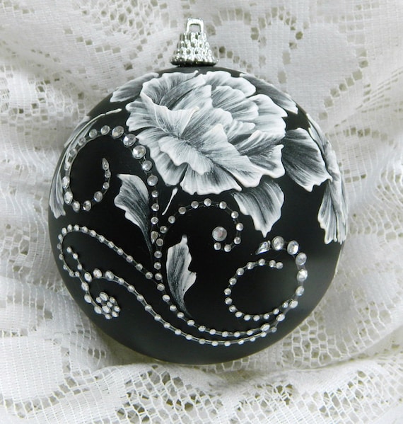 Rose MUD Ornament in Black with Rhinestone Bling