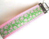 Key Chain...Key Fob...Wristlet...Lanyard...Camera Strap- Pink Lime Green Palm Trees- Wedding Party Favor