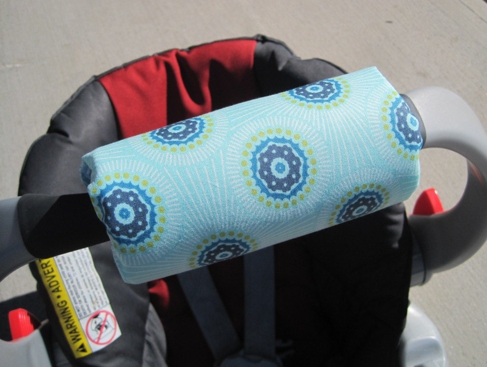 Car Seat ARM PAD Handle Cushion - Reversible-  Cute Teal Blue Circles, Lines, Lime Green Pattern