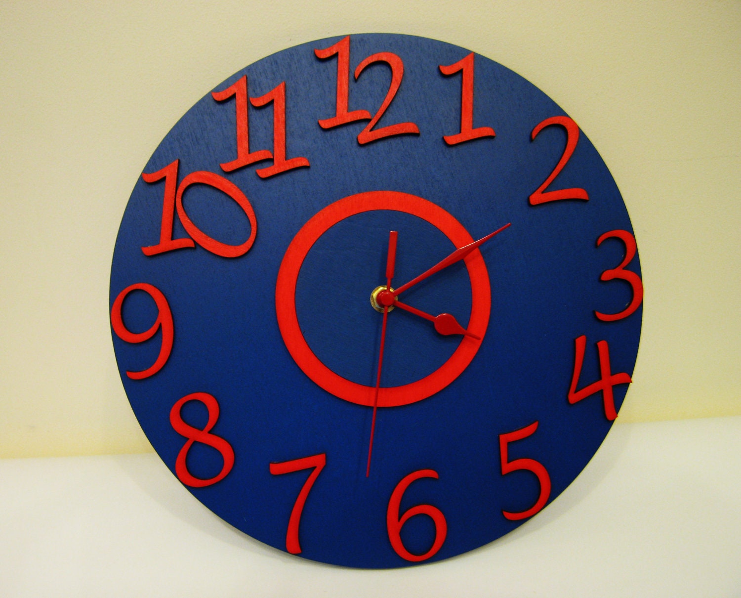 Wooden large round red blue wall clock kids children office home wall decor