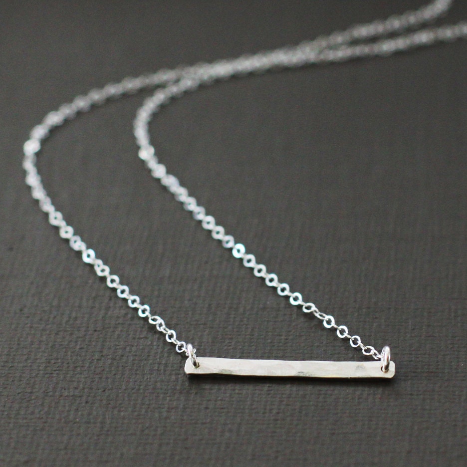 Sideways Sterling Silver Bar Necklace - Hand Hammered Skinny Sterling Silver Bar