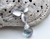 Silver orchid flower necklace with Mystic Blue Quartz gemstone, wire wrapped,bridesmaid gift,something blue, bridal necklace,sterling silver