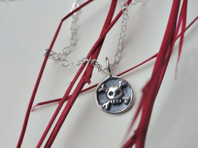 Sterling silver charm necklace, Skull and Crossbones charm, Skeleton, girly skull, simple, everyday jewelry, girl skull necklace, small