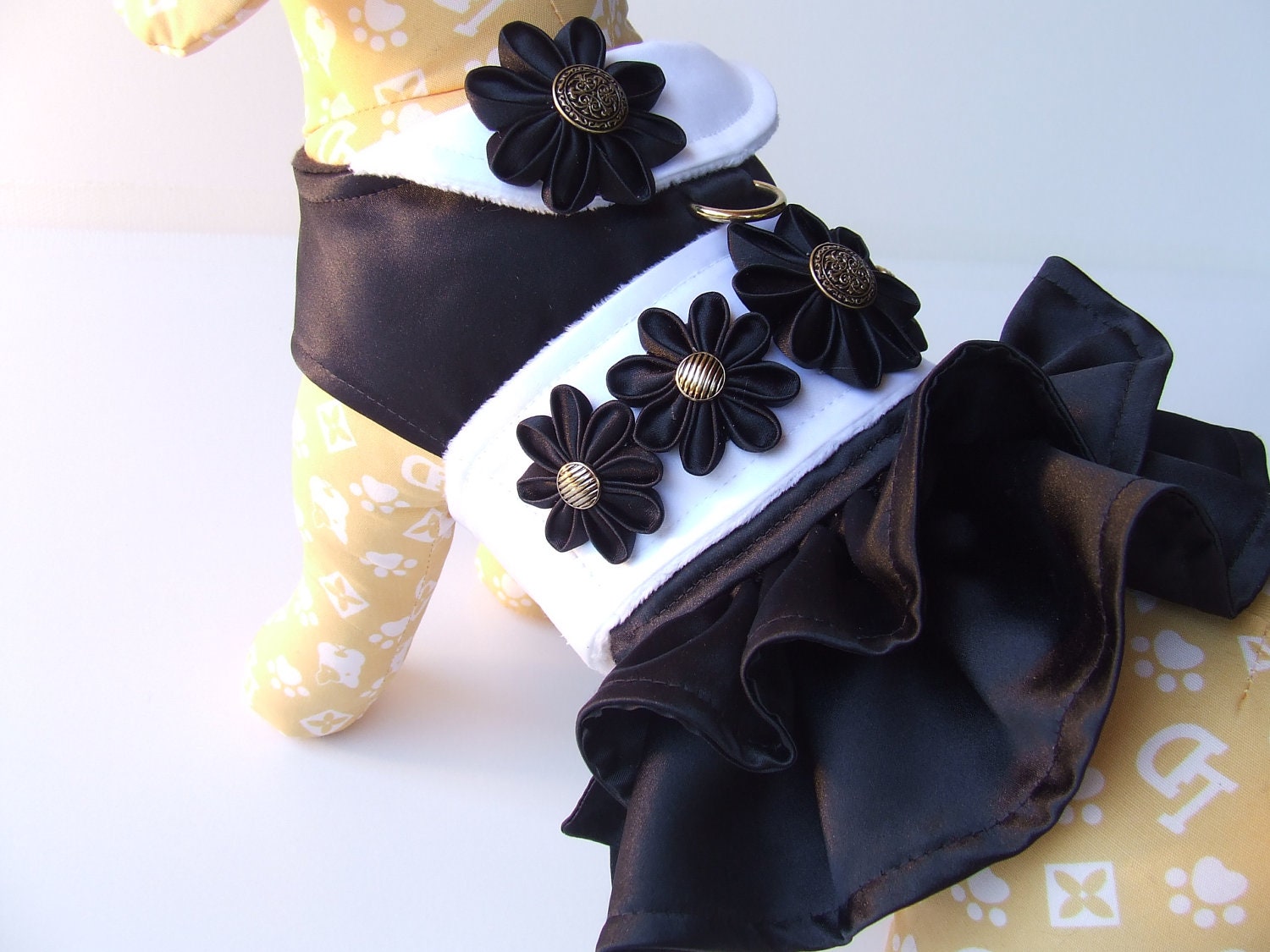 dog dress black and white satin handmade flowers fully lined D-ring handmade