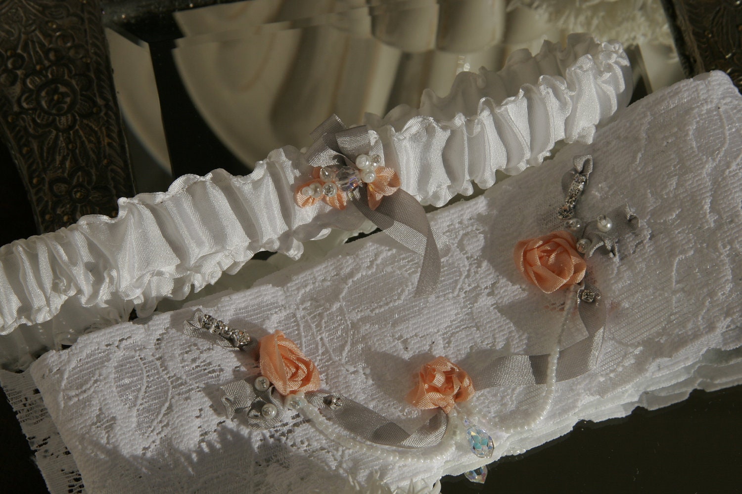 Victorian elegant pearl stretch lace Peach and Platinum crystal bridal garter set custom size
