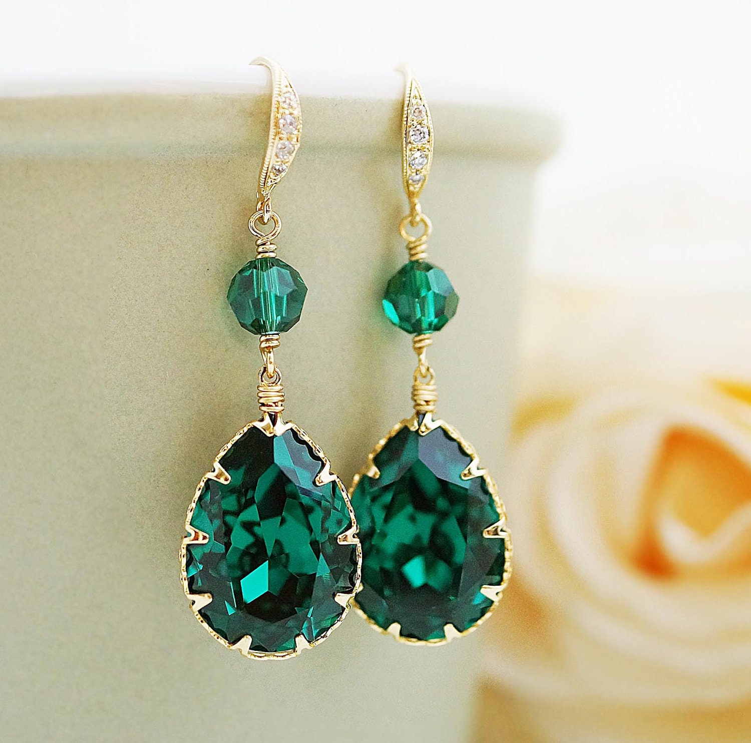 Wedding Bridal Jewelry Bridal Earrings Bridesmaid Earrings Cubic zirconia earrings with Emerald  Swarovski Crystal Earrings