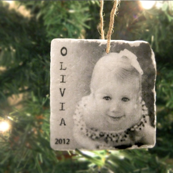 Personalized Photo Ornament - Tumbled Marble 2in. x 2in. - Handmade Holiday Decoration